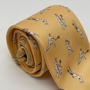 LANDS' END Tie Men's Yellow 100% Silk Tennis Print Handmade Imported EUC Unique